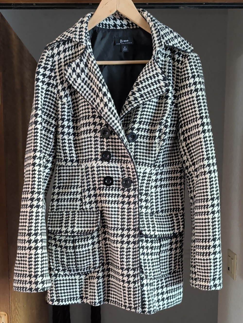 Bwear Black and White Houndstooth Double-Breasted Peacoat